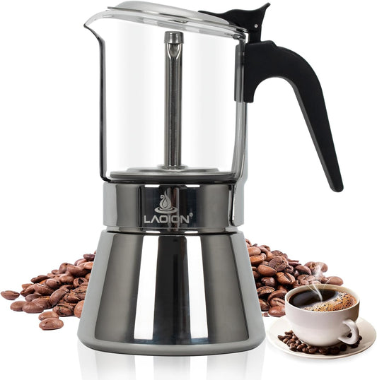 Cafeteira Espresso para Fogão, Moka Clássica de 6 Xícaras 240ml, Tampa de Vidro Cristal e Aço Inoxidável