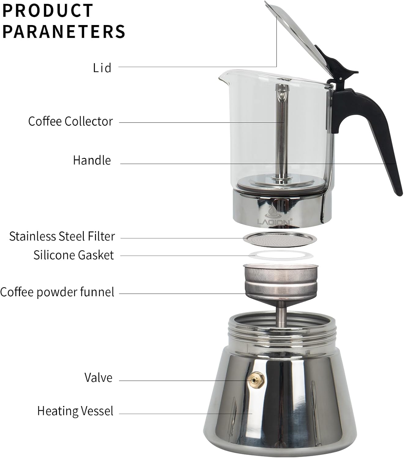 Stovetop Espresso Maker, 6Cup 240ml Classic Moka Pot, Crystal Glass-top & Stainless Steel