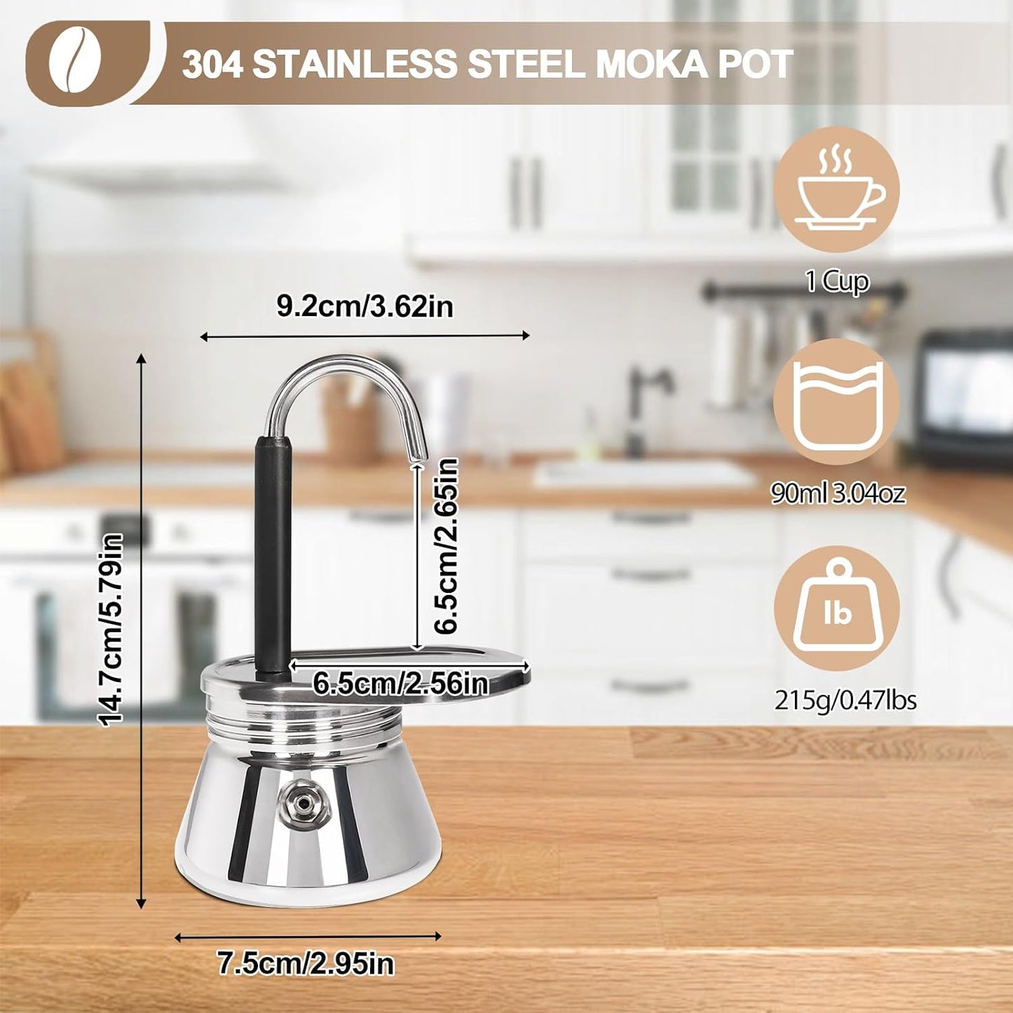 Uncoated 1 Cup Single Tube Moka Pot, 1 cup